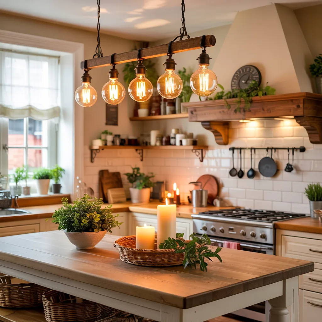 Modern minimalist kitchen with a marble island, wooden cabinets, and stylish black pendant lights.