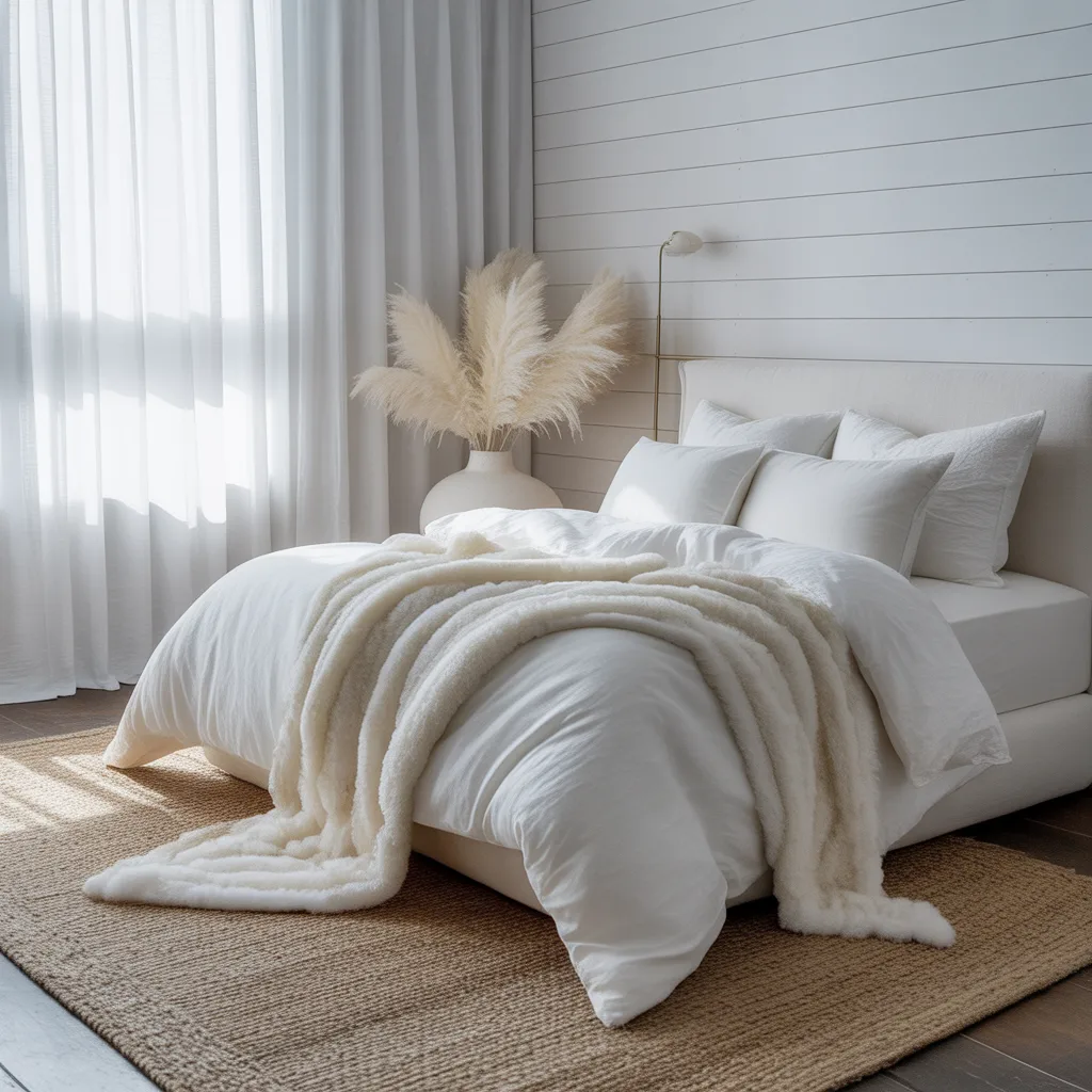 all white ethereal texture bedroom with linen and pampas grass