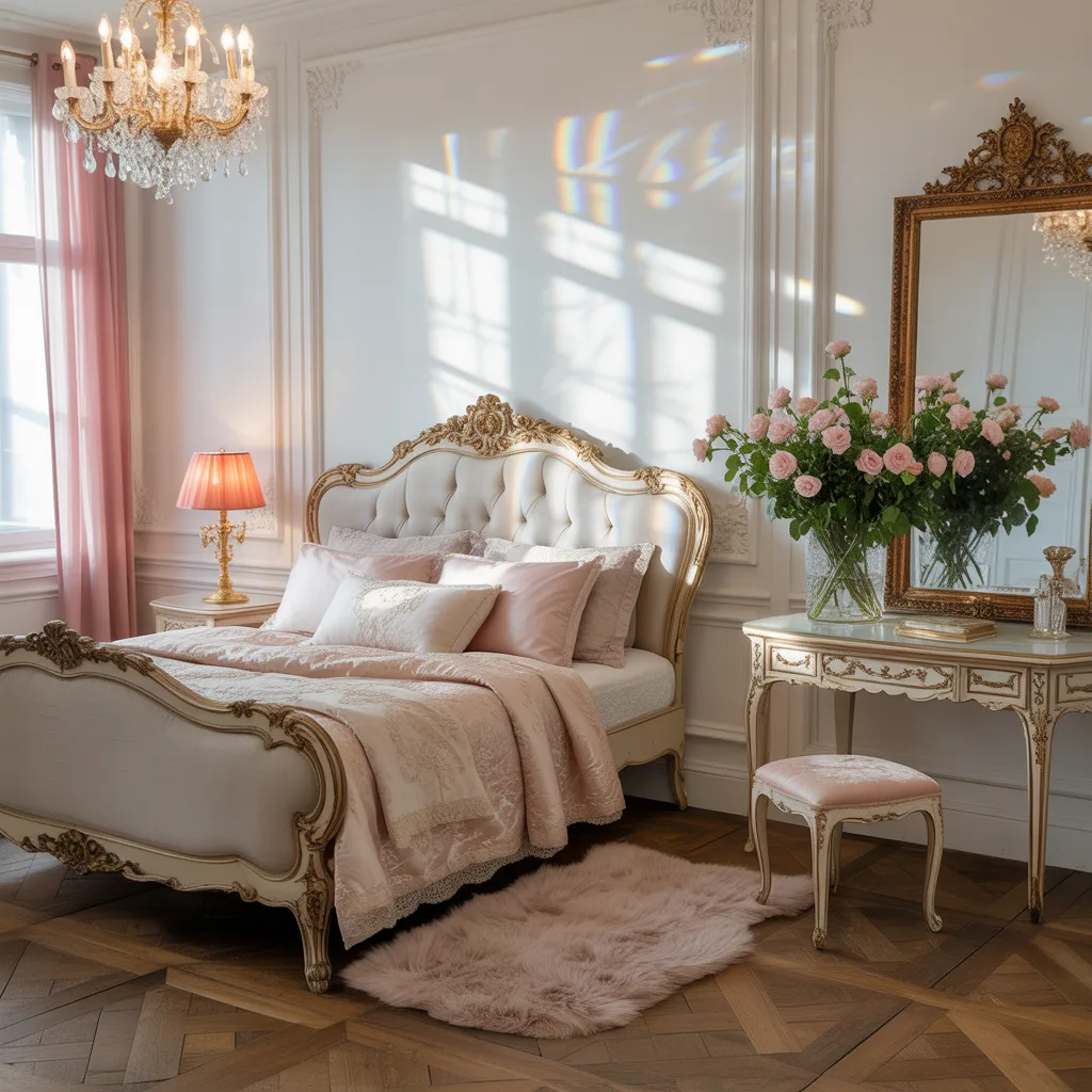 vintage french boudoir bedroom with gold carved bed and roses