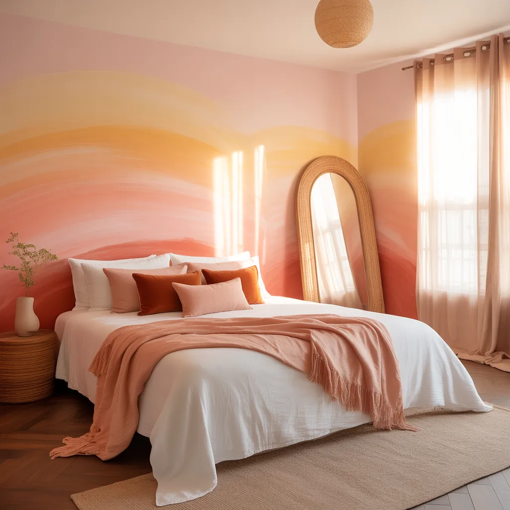 sunset ombre color wash accent wall bedroom coral peach blush