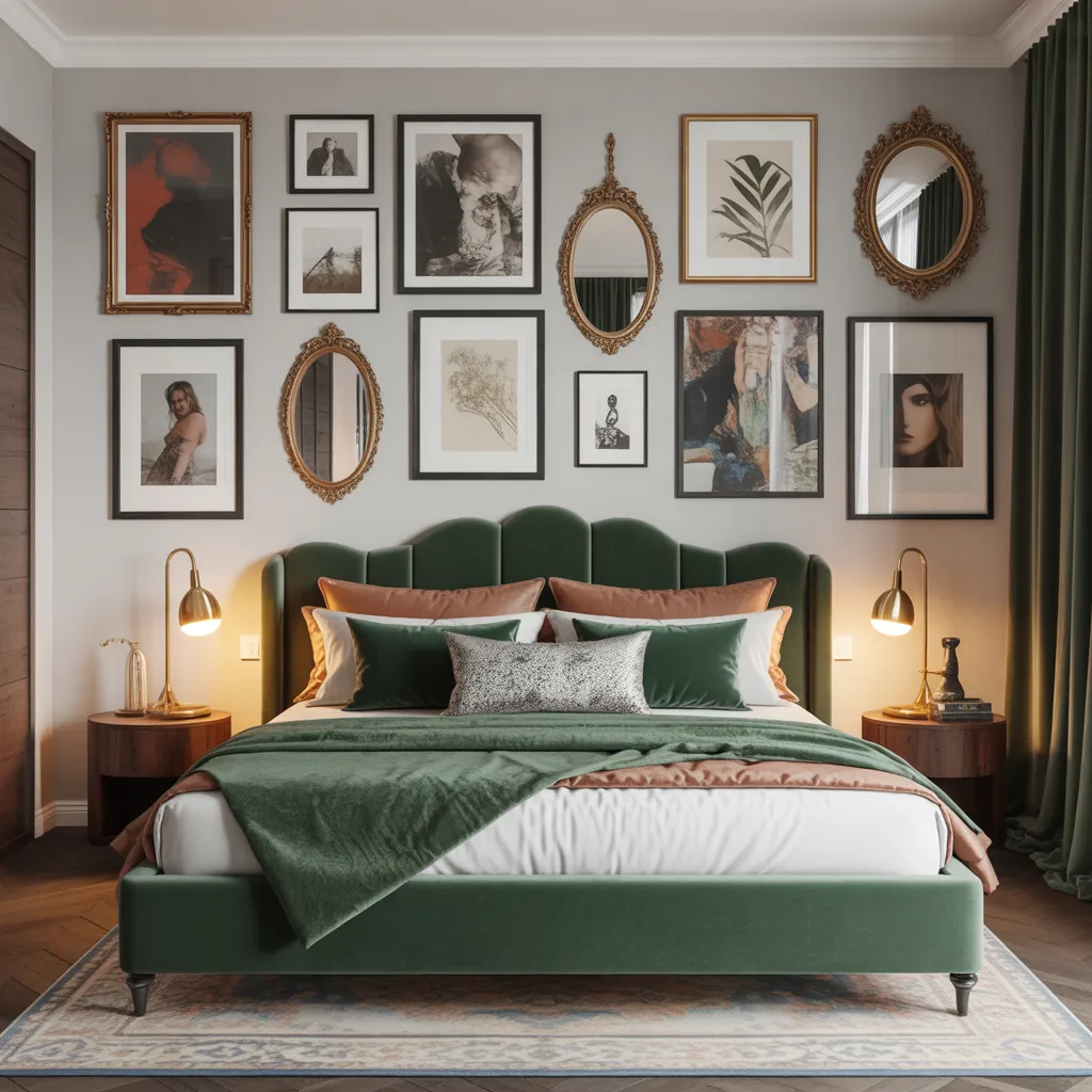 maximalist gold emerald gallery wall bedroom velvet bed frame