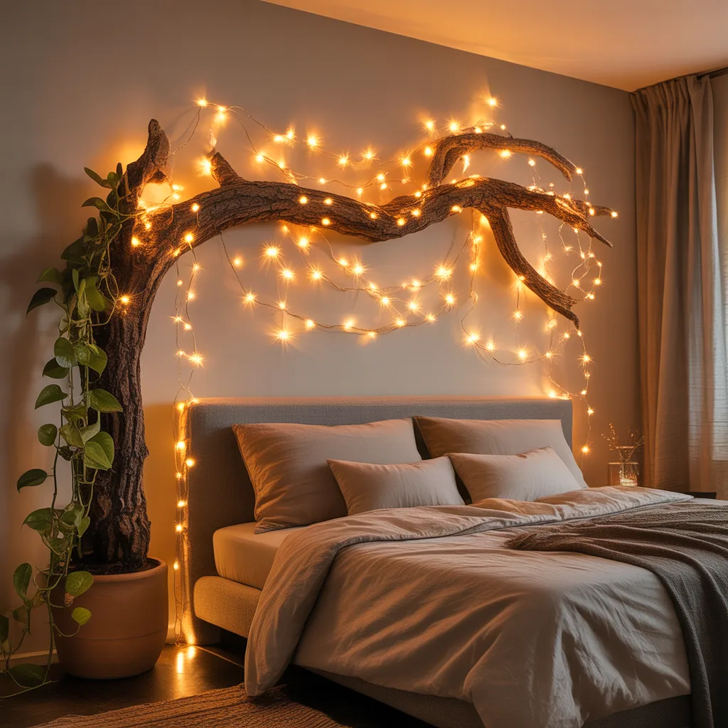 natural dried branch fairy lights bedroom ceiling installation