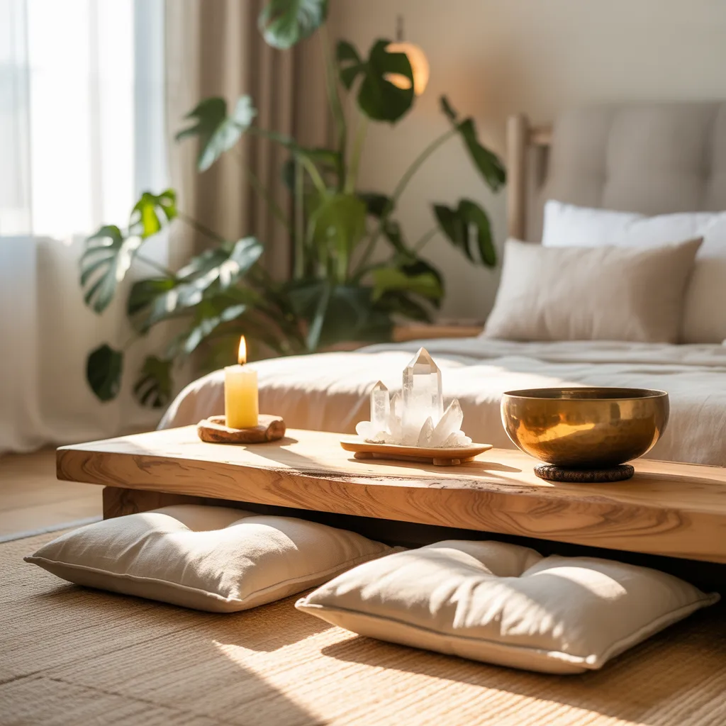 zen meditation corner bedroom with wood platform linen cushions