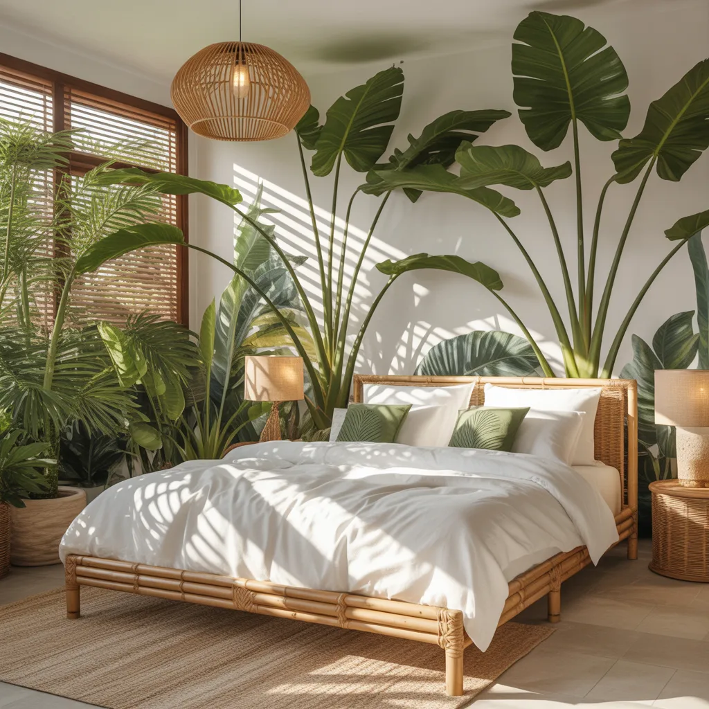 tropical biophilic bedroom with monstera plants bamboo furniture