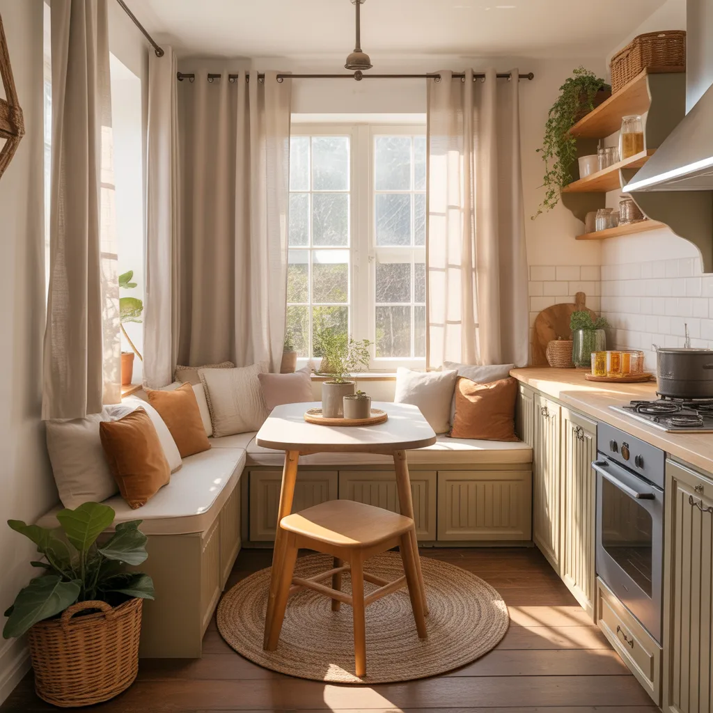 Small kitchen dining area with a cozy breakfast nook and warm sunlight.