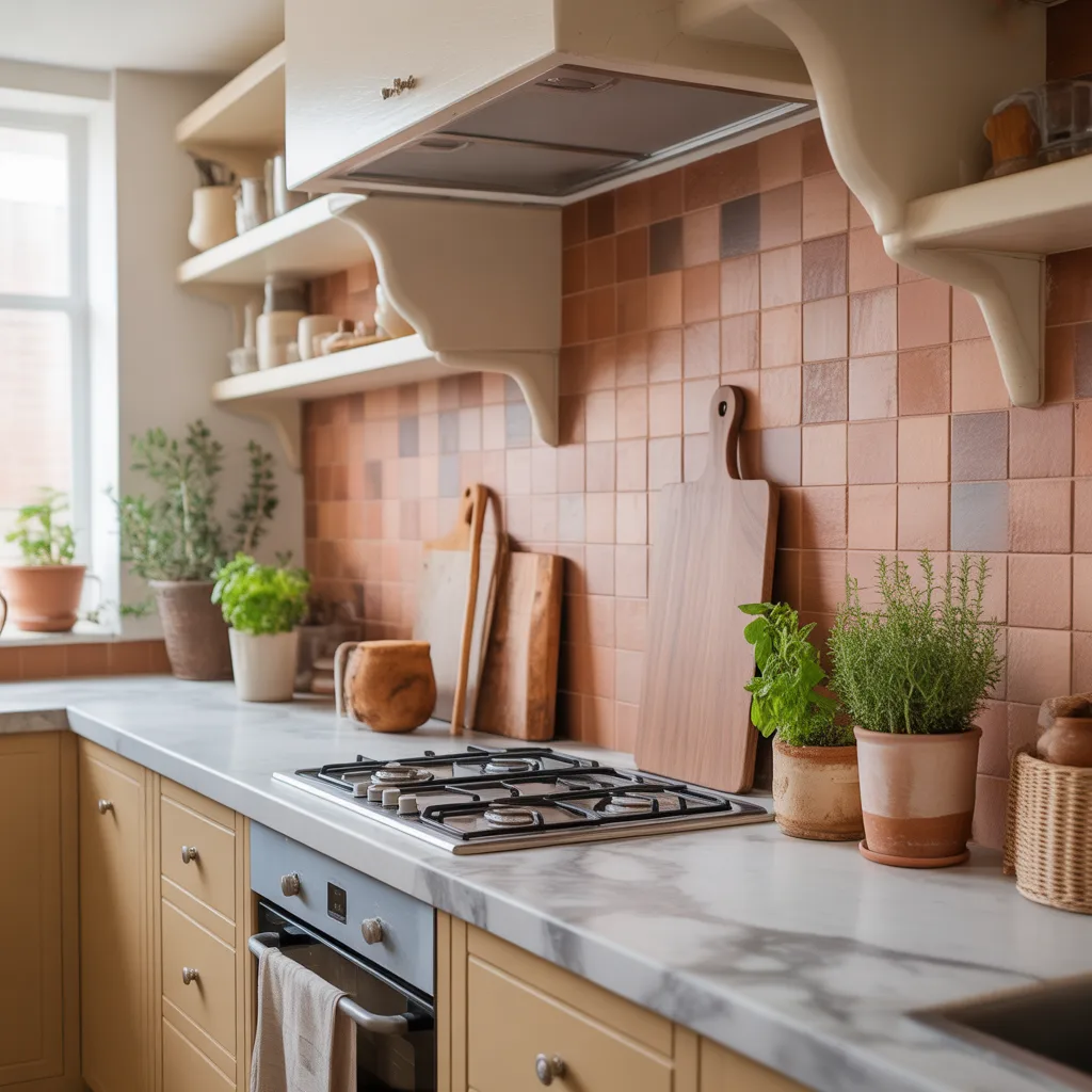 Marble kitchen countertop with a white gas stove, terracotta backsplash tiles, and small potted herbs.