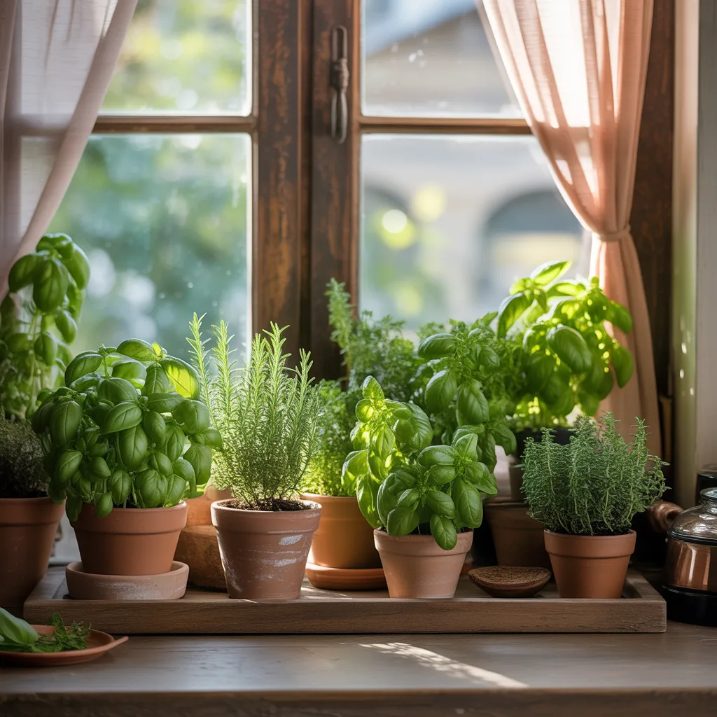 Potted fresh herbs like basil and rosemary on a wooden tray by a sunlit kitchen window.