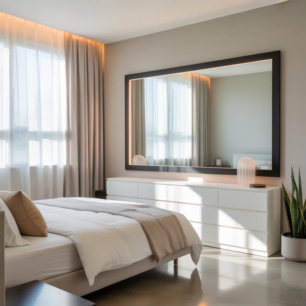 A modern minimalist bedroom with a large wall mirror above a white dresser, neutral grey and beige tones, sheer curtains, and clean lines throughout.