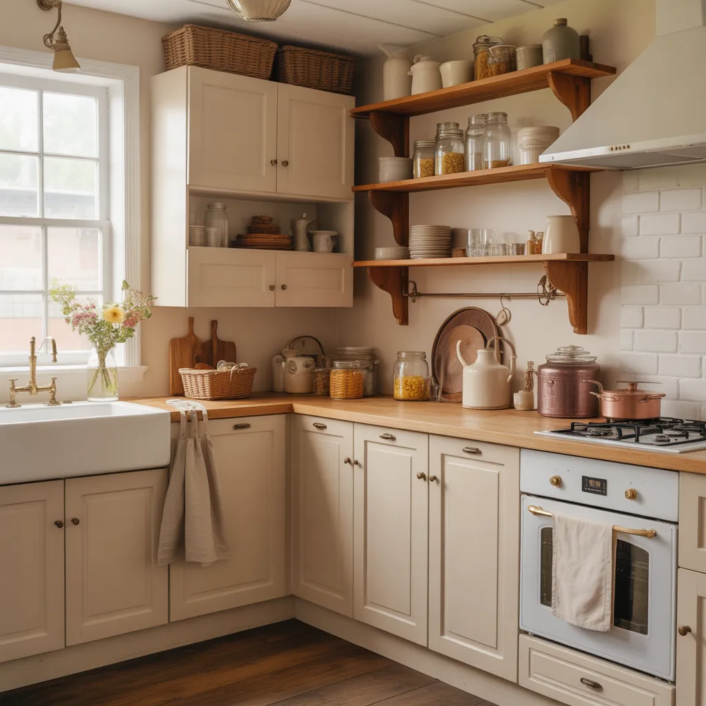 Farmhouse kitchen with white cabinets, wooden countertops, and open shelving for jars.