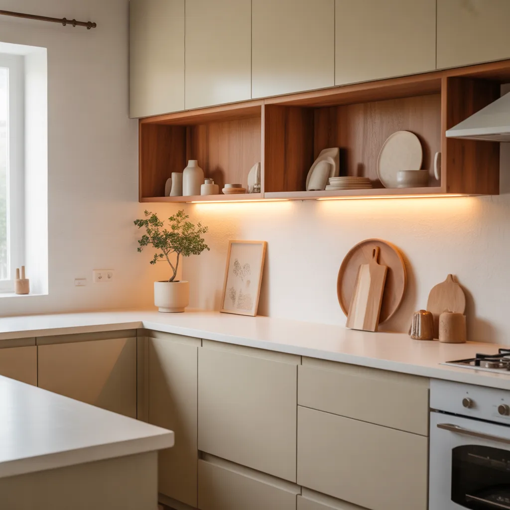 Minimalist kitchen with tan cabinets, under-cabinet lighting, and clean white countertops.