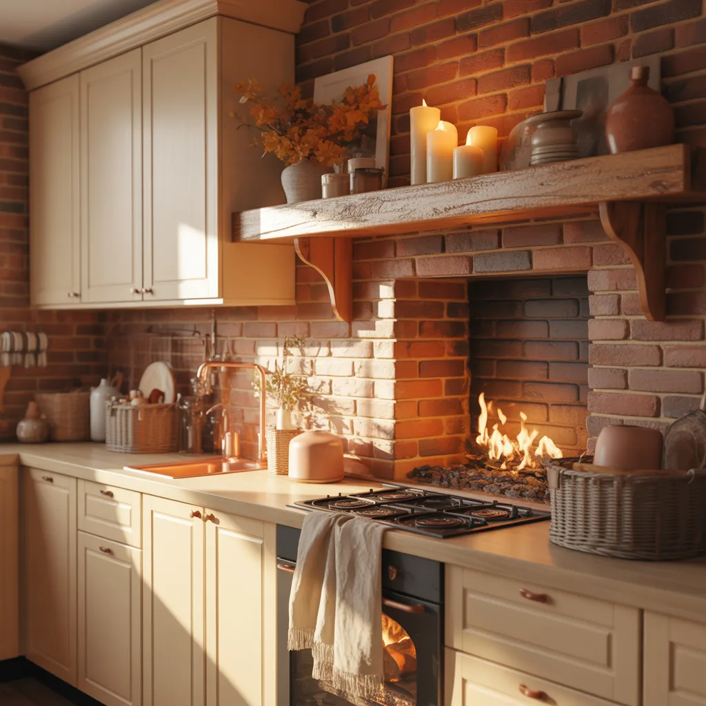 Warm kitchen with a brick fireplace, lit candles on the mantel, and cream cabinets.