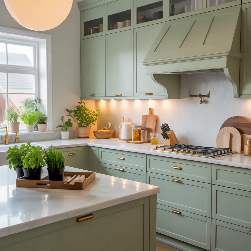 Trendy sage green kitchen cabinets with gold handles, marble countertops, and indoor herb plants.