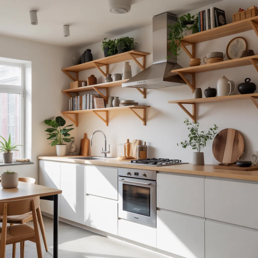 Minimalist kitchen layout featuring light wood open shelving paired with sleek white handleless base cabinets.