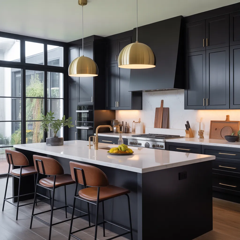 Bold contemporary kitchen with matte black cabinetry, marble waterfall island, and elegant gold pendant lights.