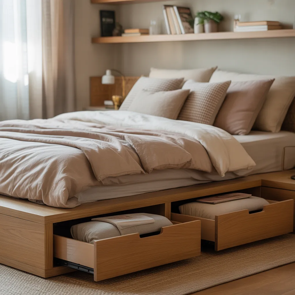 A practical bedroom setup featuring a wooden platform bed with built-in pull-out storage drawers underneath, neutral beige bedding, and a floating shelf on the wall.