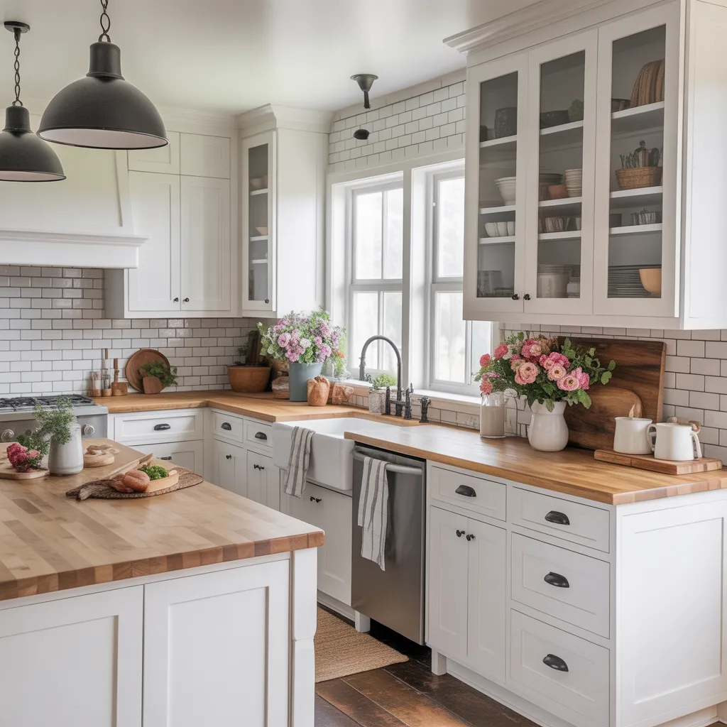 Farmhouse-inspired kitchen with white shaker style cabinets, wooden countertops, and subway tile backsplash.