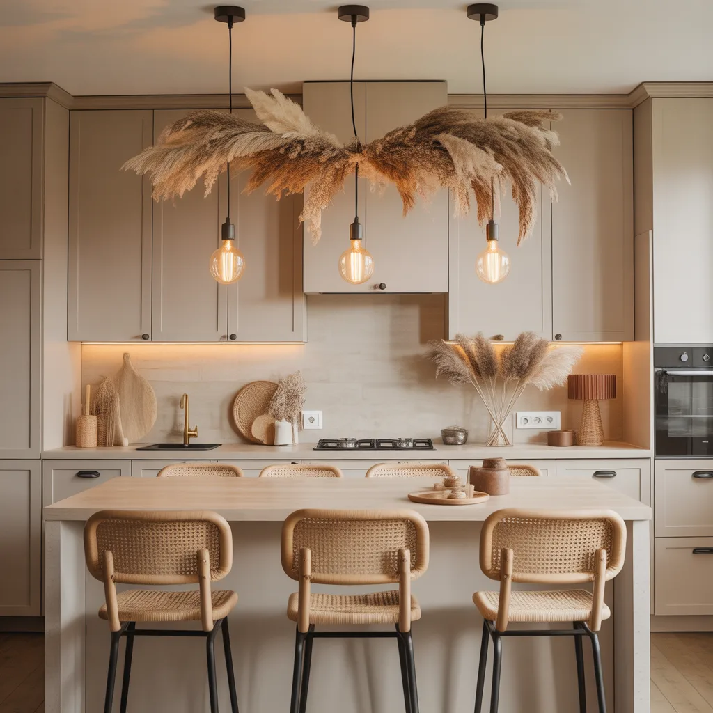 Boho-style kitchen interior with warm greige cabinets, pampas grass decor, and wicker bar stools.