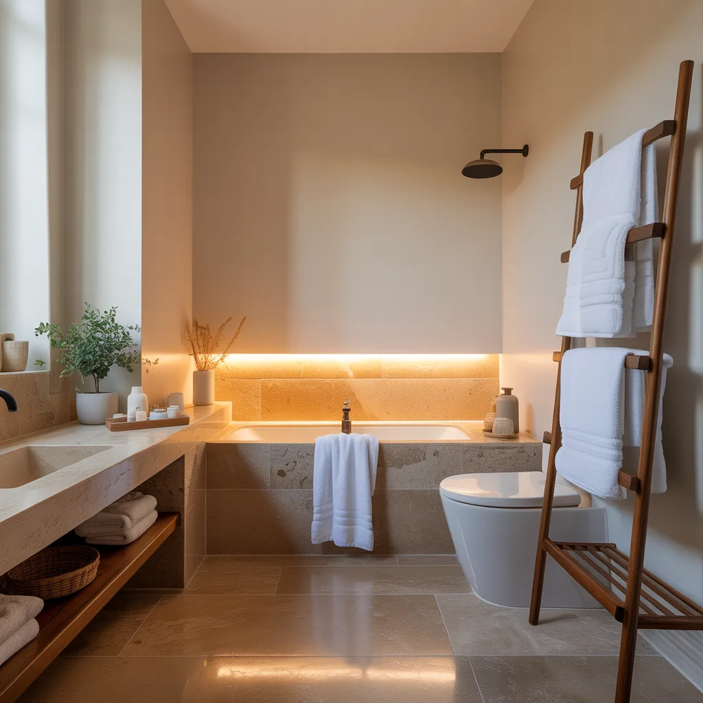 Warm neutral bathroom with stone tiles, LED lighting, wooden shelf, and white towels
