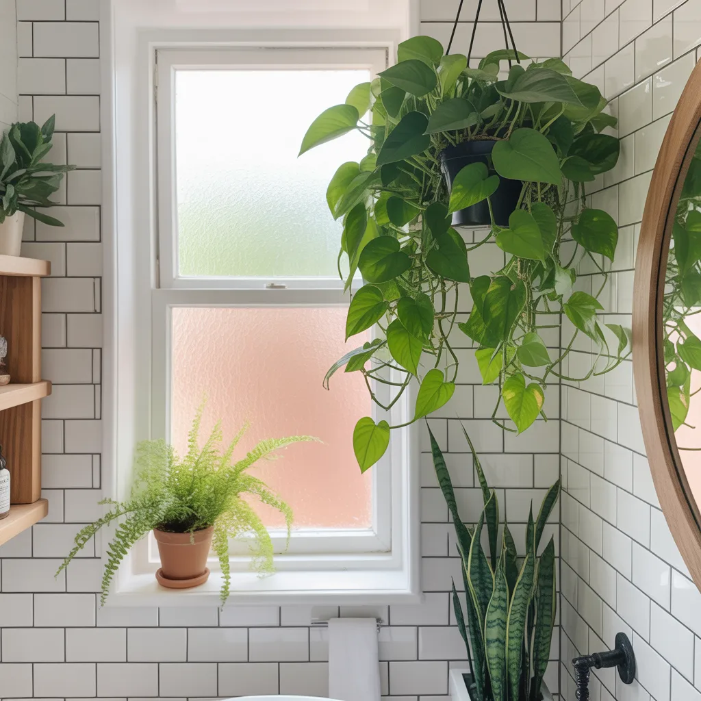Bathroom with hanging pothos, fern, and snake plant against white subway tiles