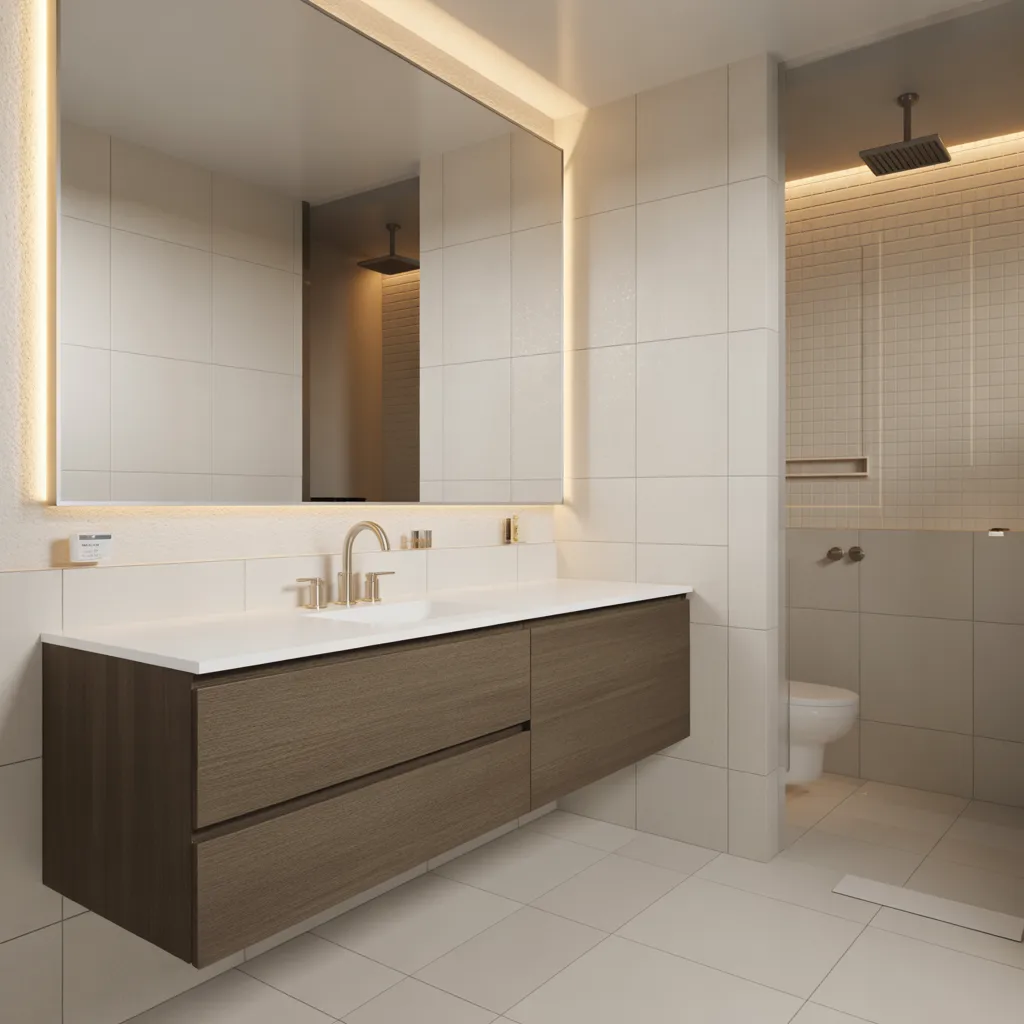 Modern floating wood vanity with backlit mirror and clean white bathroom tiles
