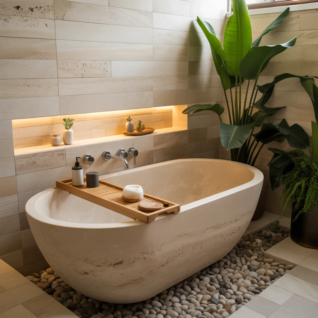Natural stone soaking tub with pebble floor, wooden tray, and tropical plants
