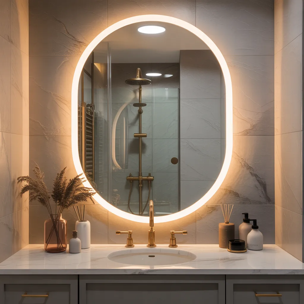 Large oval backlit LED mirror above marble vanity with gold bathroom fixtures
