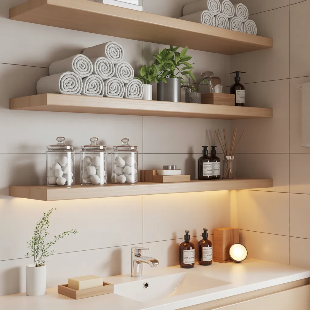 Wooden open bathroom shelves with rolled towels, glass jars, and green plants
