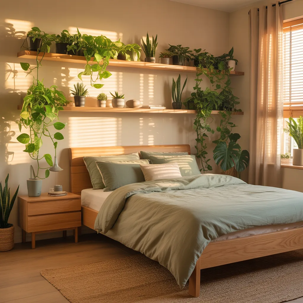 A nature-inspired bedroom with a wooden bed, sage green bedding, warm sunlight through blinds, and multiple shelves filled with lush trailing green plants.