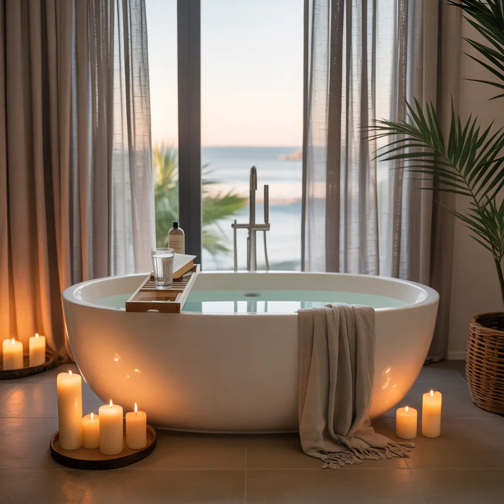 Luxury freestanding bathtub with candles and wooden bath tray near ocean view window
