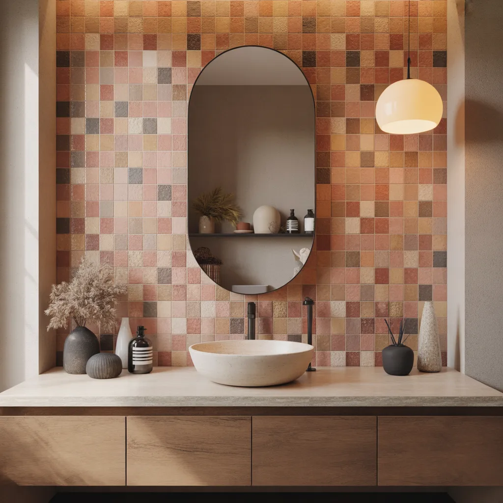 Terracotta textured tile feature wall with oval mirror and wooden vanity
