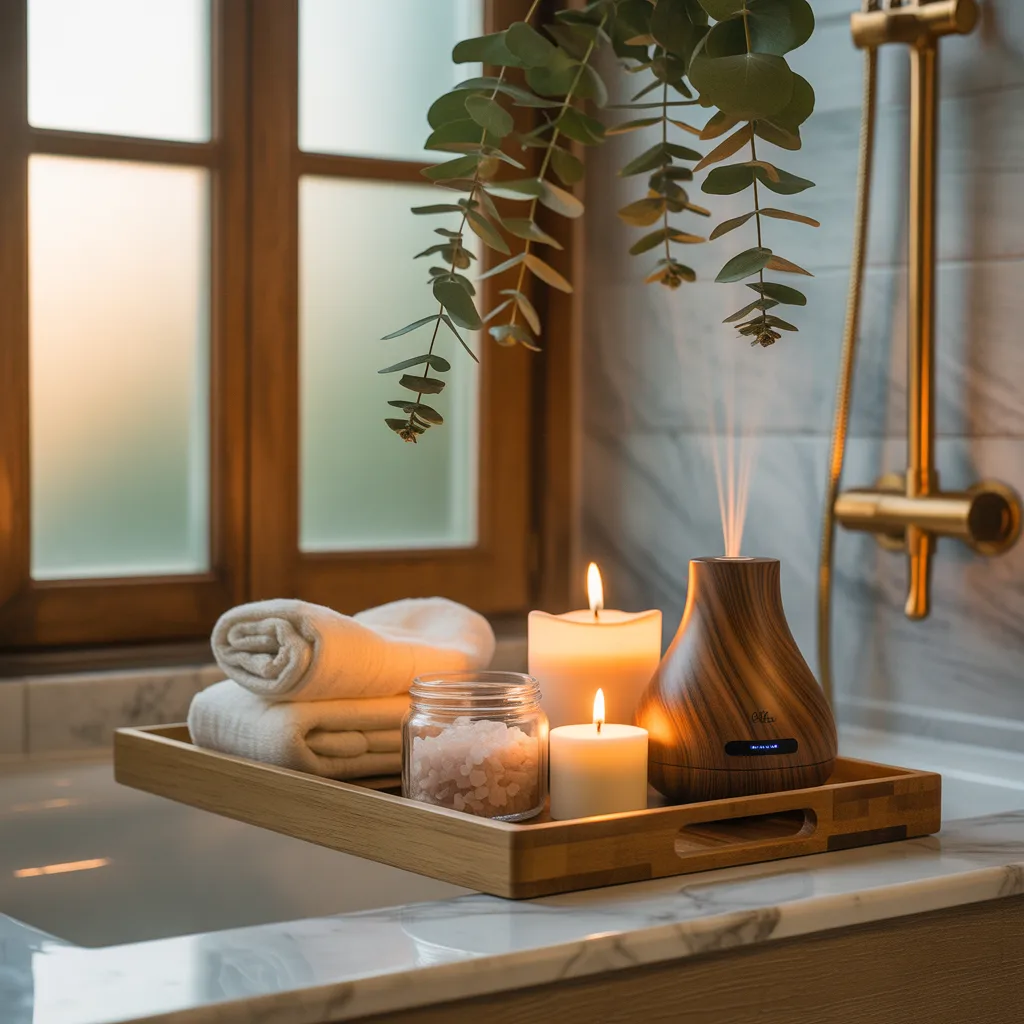 Wooden tray with essential oil diffuser, candles, and bath salts for bathroom wellness decor

