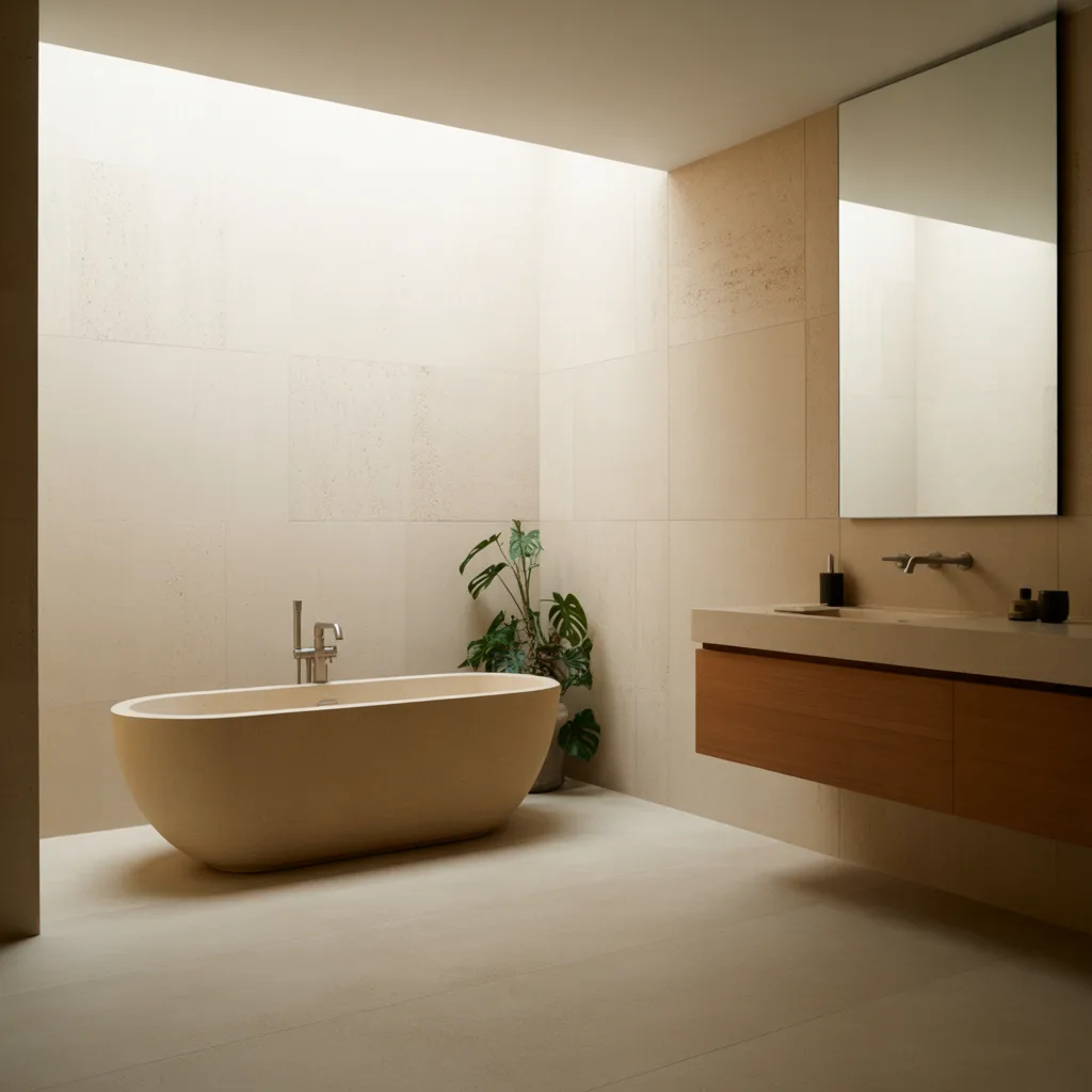 Minimalist spa bathroom with oval tub and limestone walls.