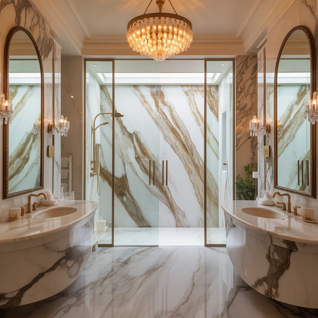 Luxury marble bathroom with gold faucets and chandelier.