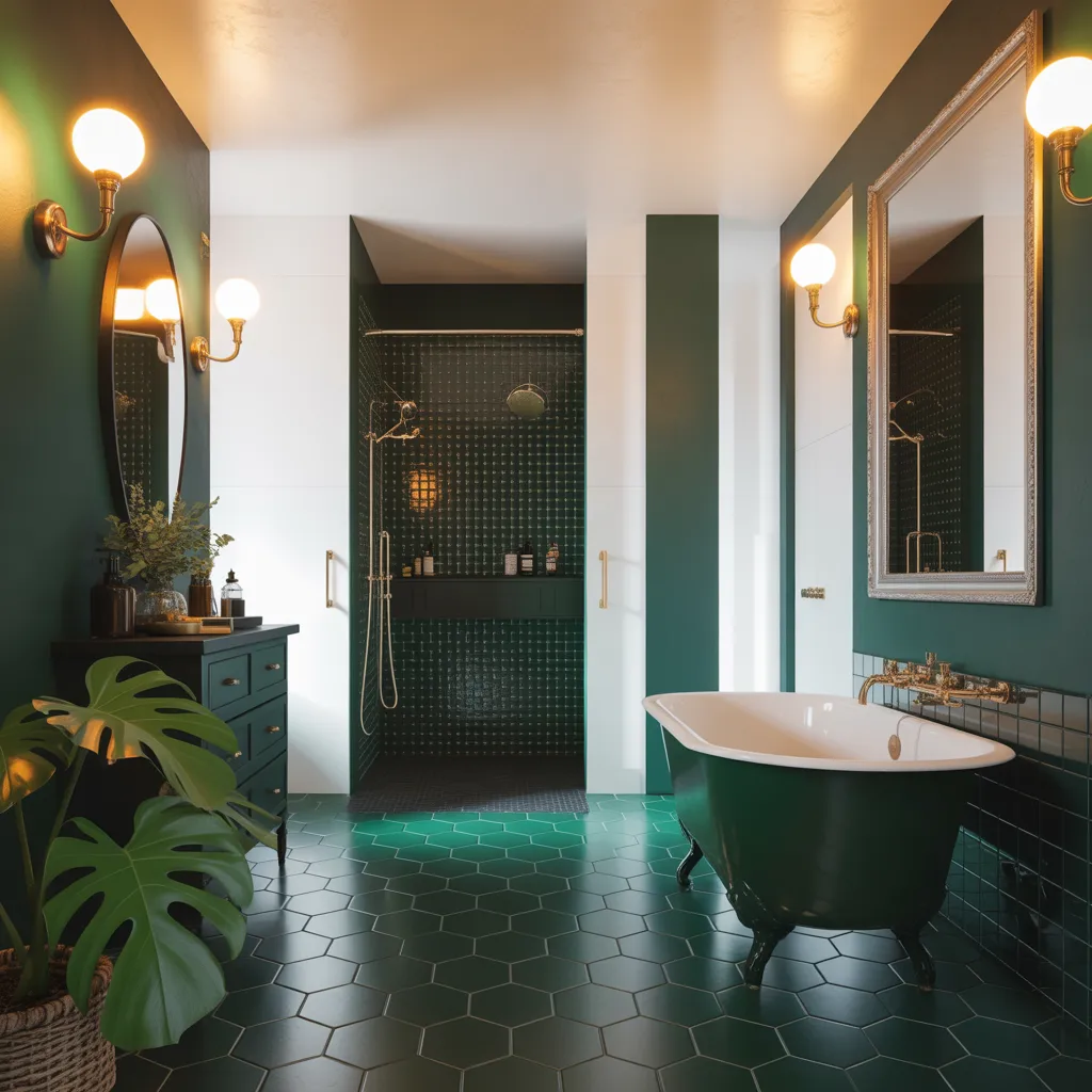 Dark green moody bathroom with black clawfoot tub.