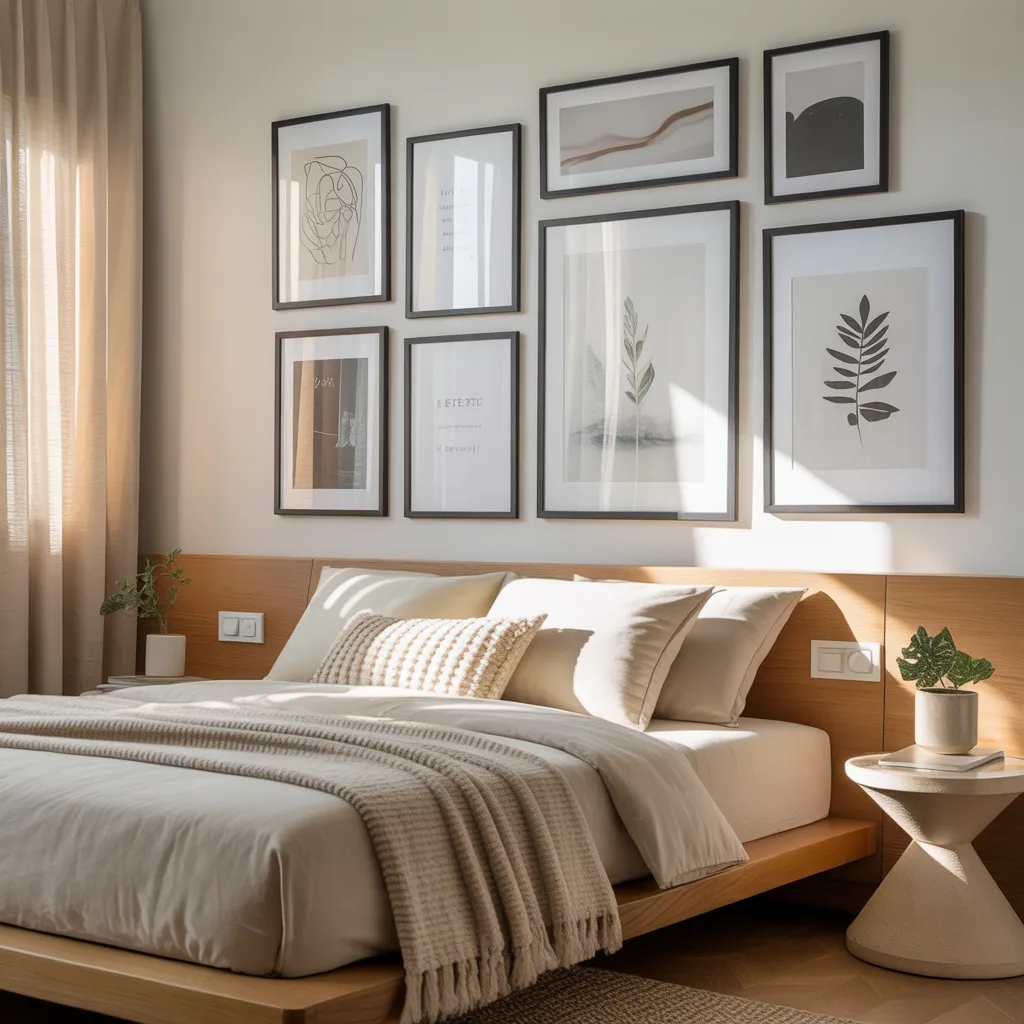 A contemporary bedroom with a low wooden platform bed, neutral grey and beige bedding, and a curated gallery wall of abstract and botanical framed prints above.