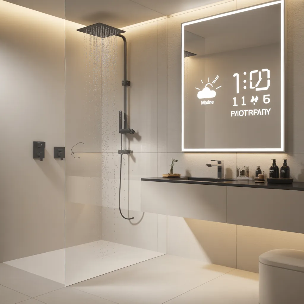 Smart bathroom with LED mirror display and digital shower.