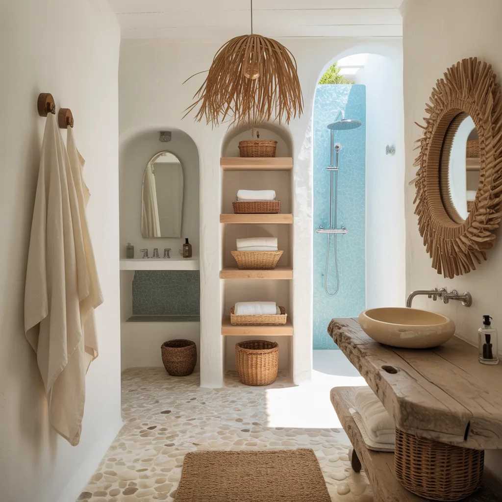Coastal bathroom with driftwood mirror and pebble floor.