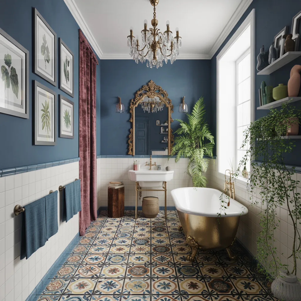 Maximalist bathroom with blue walls and patterned floor tiles.