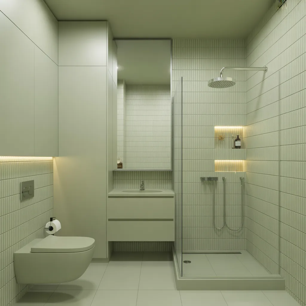 Small sage green bathroom with wall-mounted toilet and glass shower.