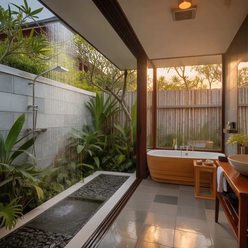 Luxury indoor-outdoor bathroom with garden shower and teak tub.