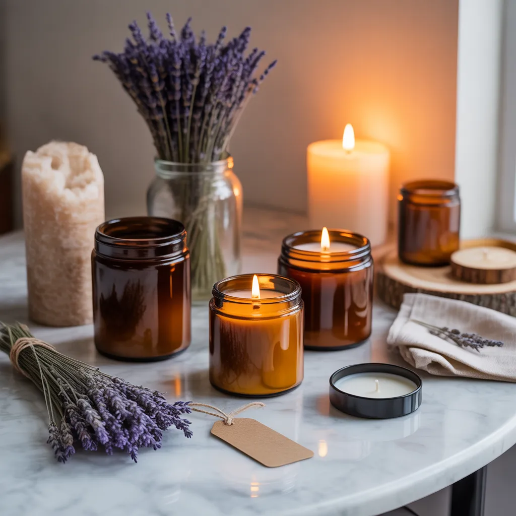 handmade scented soy candles in amber glass jars with dried lavender and wooden wicks easy DIY gift idea