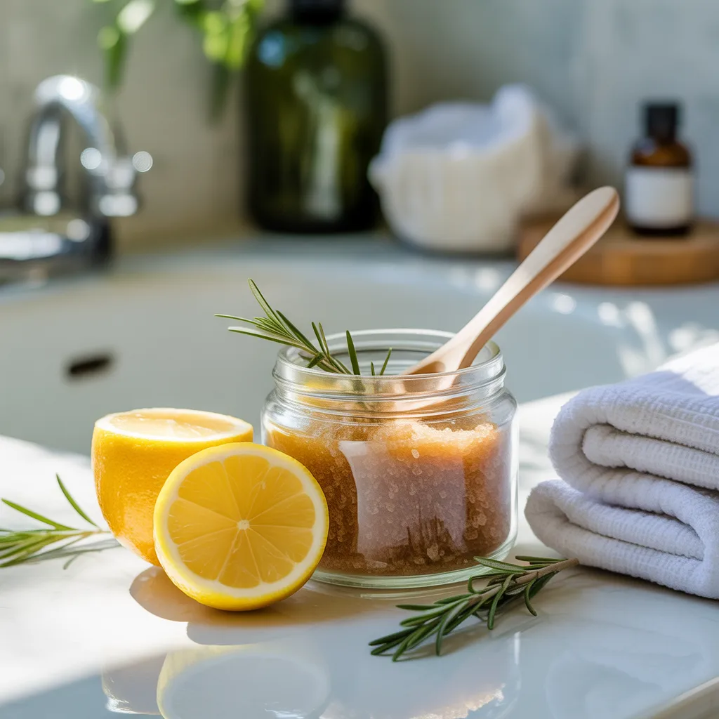 DIY natural sugar scrub in glass jar with brown sugar coconut oil and kraft label handmade gift idea