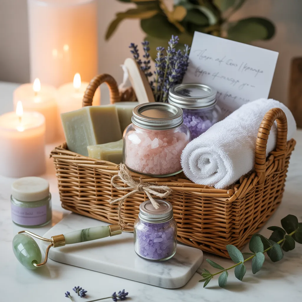 DIY luxury spa gift basket with bath salts lavender soap natural loofah and herbal tea budget friendly handmade gift