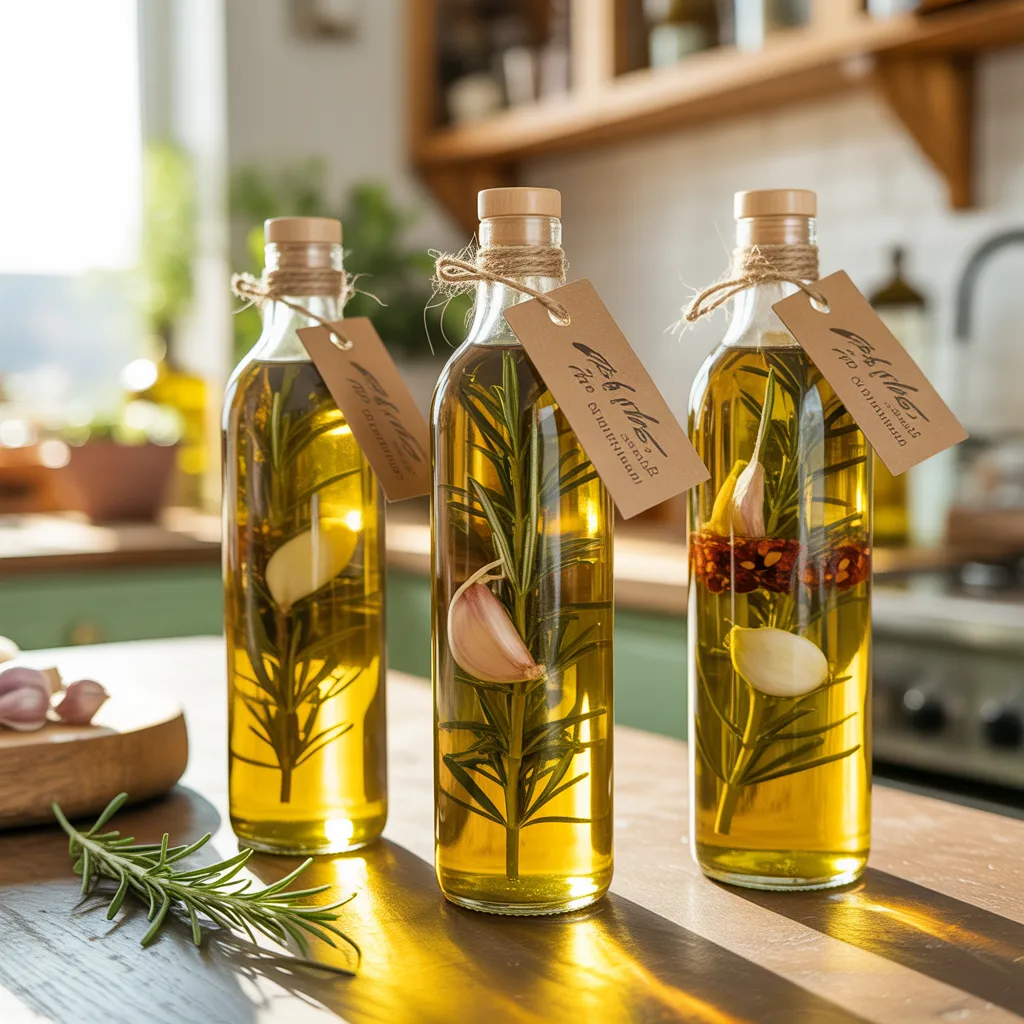 homemade flavored olive oil bottles with rosemary garlic and cork stoppers kraft labels gourmet DIY gift idea