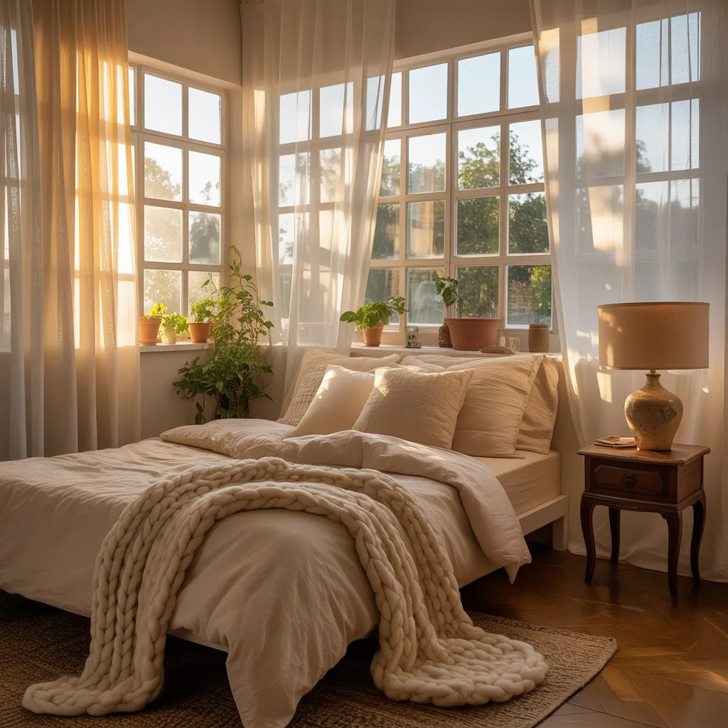 A bright airy bedroom with large floor-to-ceiling windows, sheer white curtains, warm golden sunlight, potted plants on the windowsill, and a chunky knit throw blanket.
