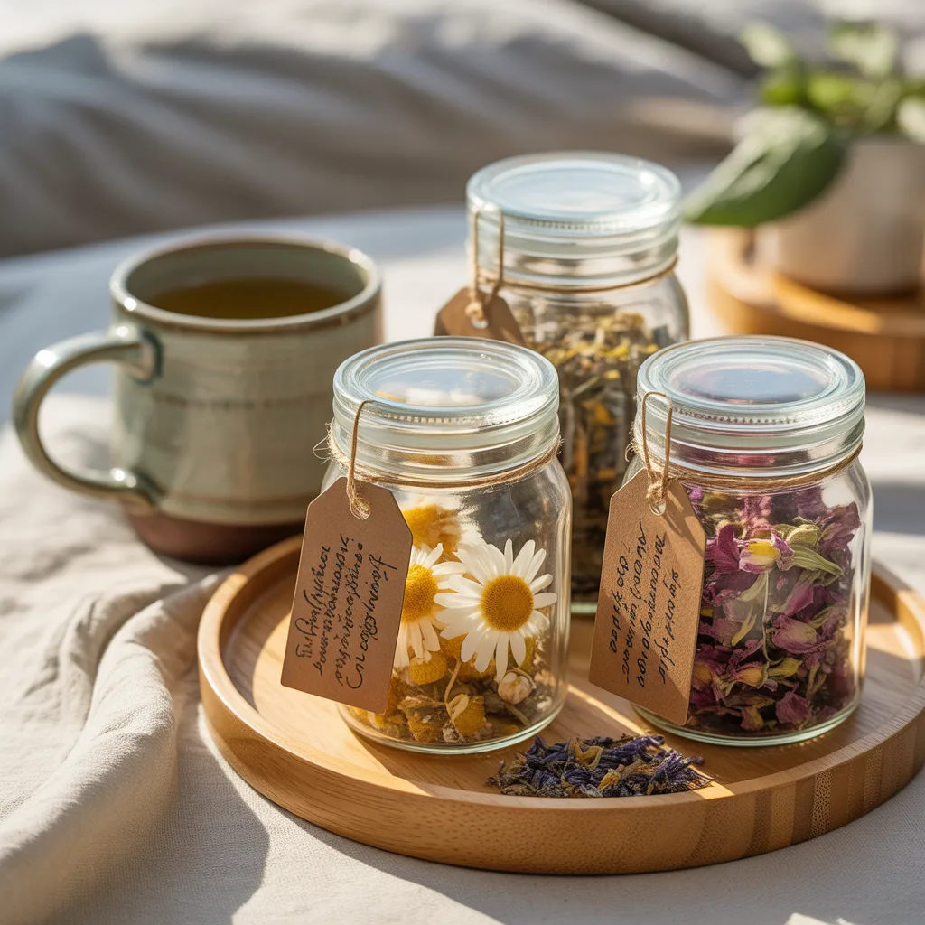 
DIY herbal tea blend in glass jars with chamomile lavender and rose petals kraft labels wellness gift idea