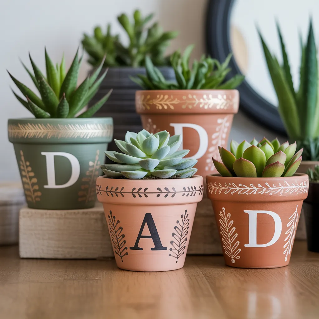 personalized hand painted terracotta pots with botanical designs and succulent plants easy DIY gift for plant lovers