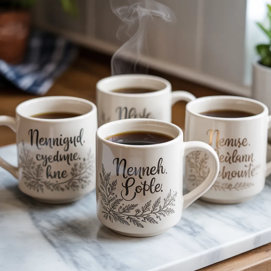 custom hand lettered white ceramic mug with botanical design and personalized name easy DIY gift idea