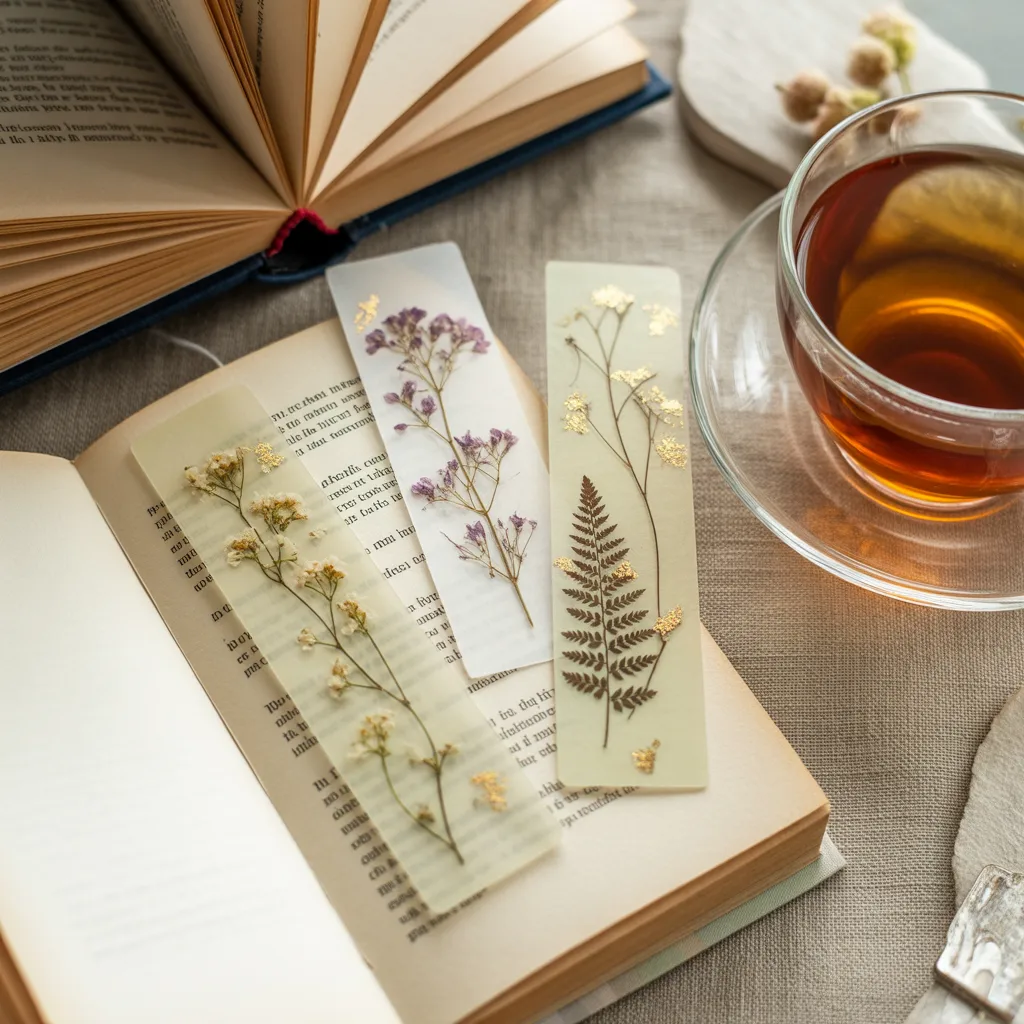 DIY pressed flower bookmarks with dried wildflowers on watercolor paper gold ribbon cottagecore handmade gift