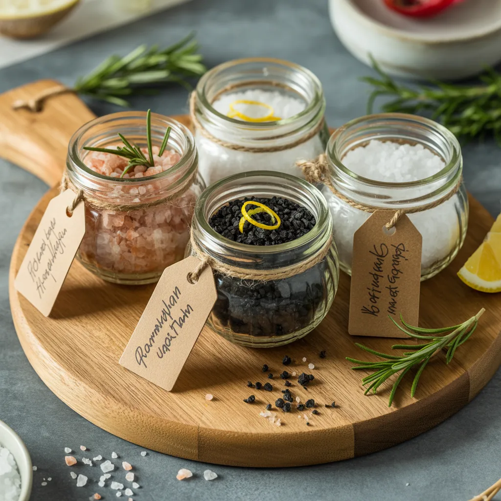 
homemade flavored salt collection in glass jars with rosemary lemon and smoked paprika wooden box gourmet DIY gift